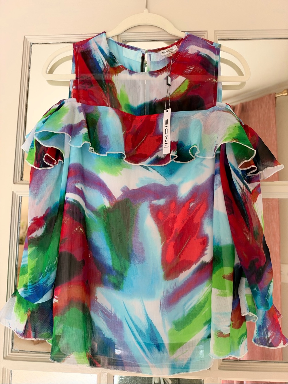 NWT Sioni Multicolor Ruffle Cold-Shoulder Top